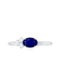 3/4 CT Oval Cut Blue Sapphire Promise Ring with Diamond Trio