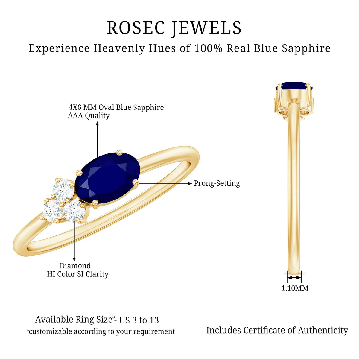 3/4 CT Oval Cut Blue Sapphire Promise Ring with Diamond Trio