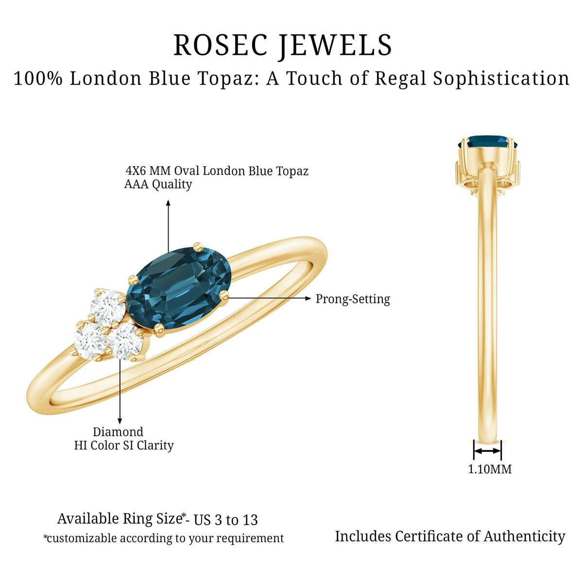 0.4 Carat Oval Cut London Blue Topaz East West Promise Ring with Diamond Trio