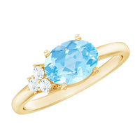 Natural 1 Carat Oval Aquamarine Promise Ring with Diamond Trio