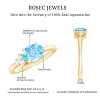 Natural 1 Carat Oval Aquamarine Promise Ring with Diamond Trio