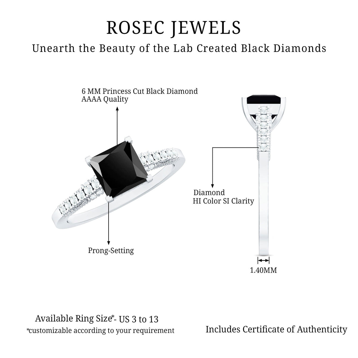 Vintage-inspired 1 carat lab-created black and white diamond engagement ring by Rosec Jewels, showcasing elegant design and sparkling stones.