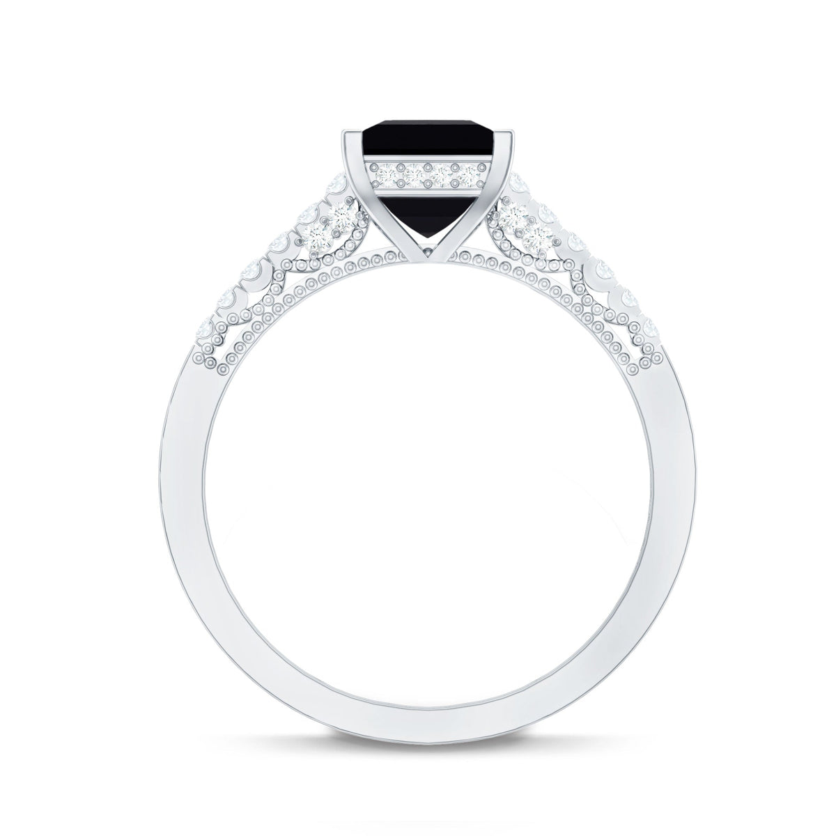 Vintage-inspired 1 carat lab-created black and white diamond engagement ring by Rosec Jewels, featuring intricate metalwork and sparkling stones.