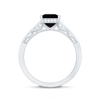 Vintage-inspired 1 carat lab-created black and white diamond engagement ring by Rosec Jewels, featuring intricate metalwork and sparkling stones.