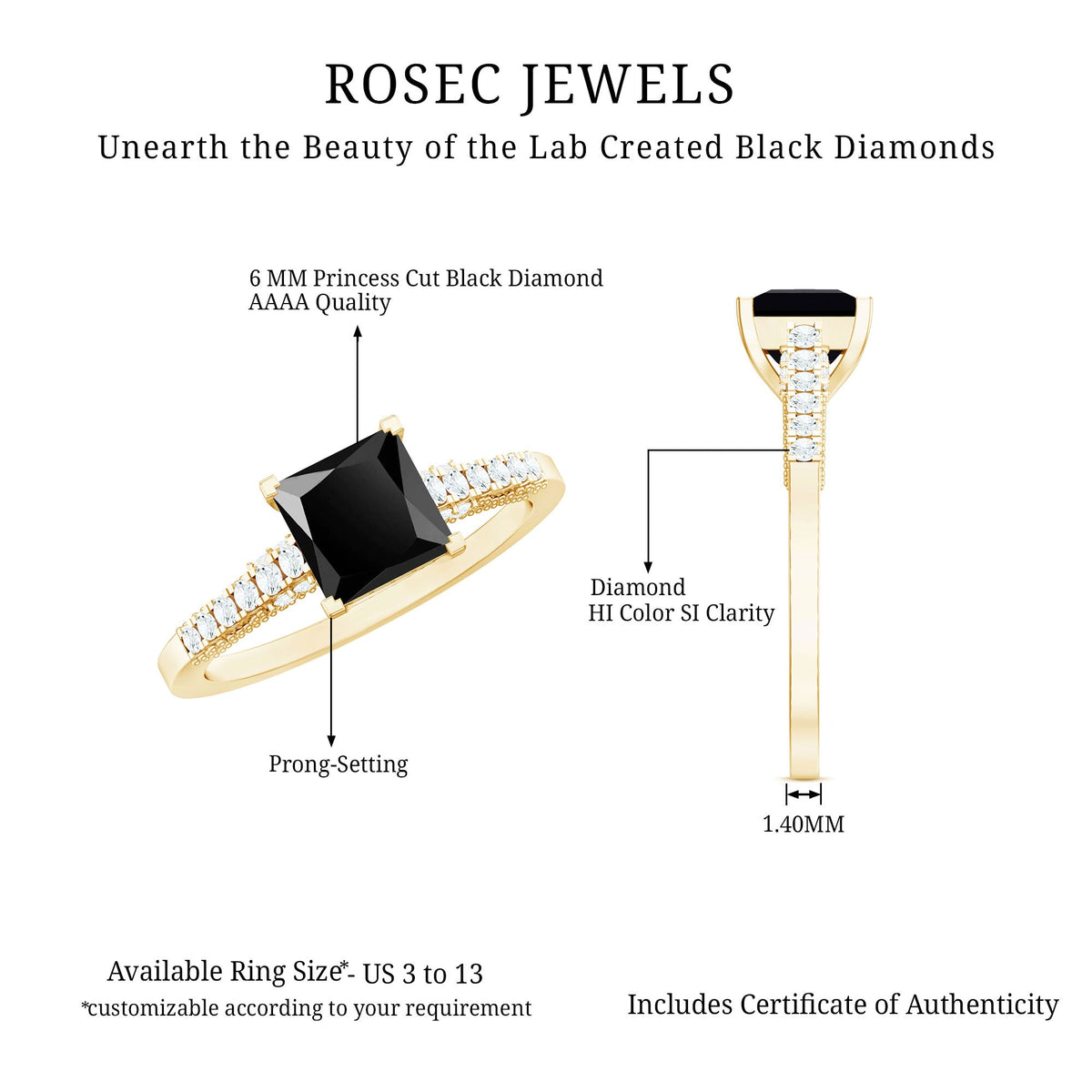 Vintage inspired 1 carat lab-created black and white diamond engagement ring by Rosec Jewels, featuring intricate design and sparkling stones.