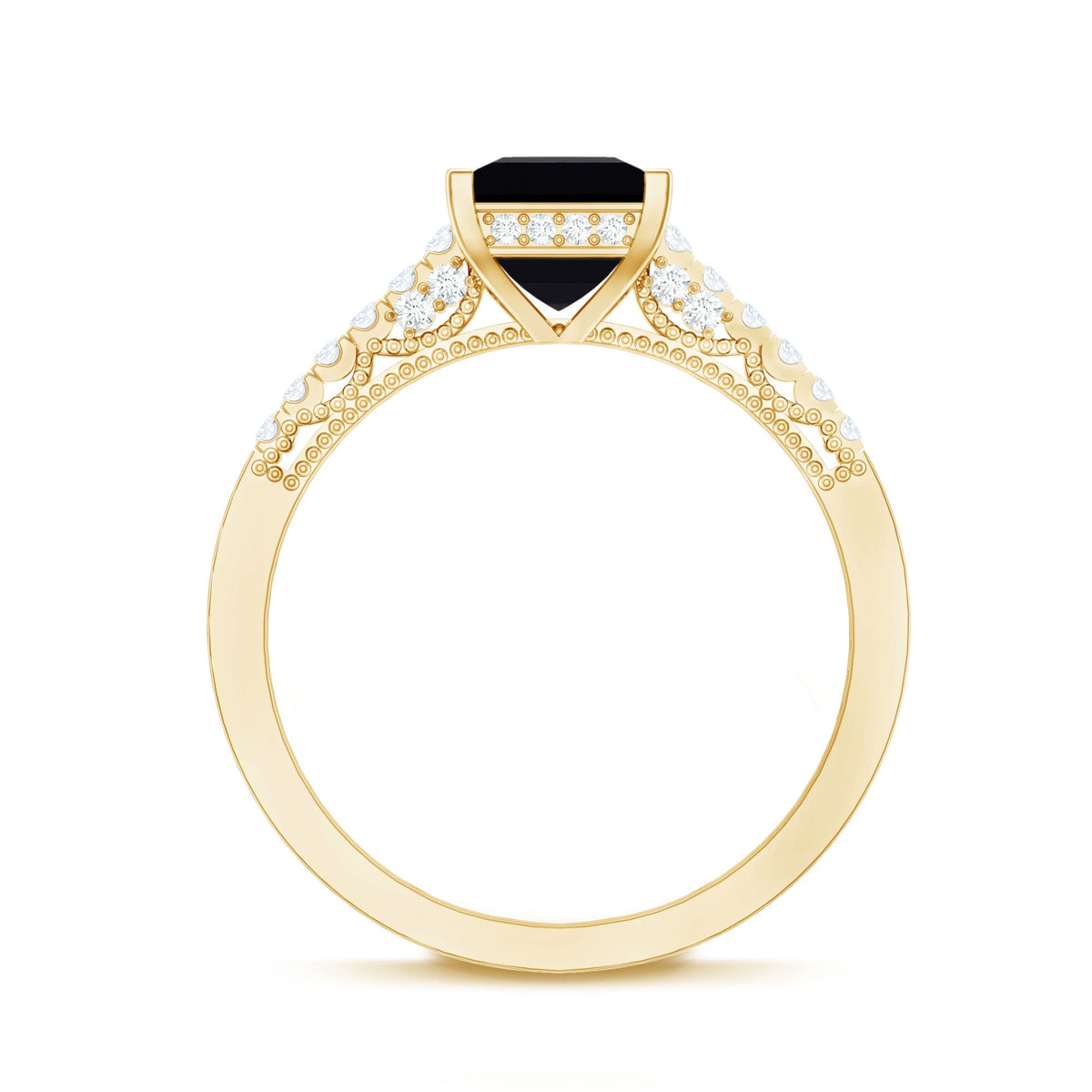 Vintage-inspired 1 carat lab-created black and white diamond engagement ring from Rosec Jewels with intricate band details.