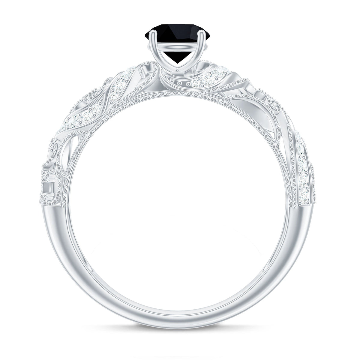 Vintage Looking Black Spinel Engagement Ring with Diamond