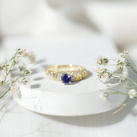 Round Tanzanite Vintage Inspired Engagement Ring with Diamond