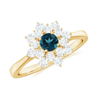 Genuine Round Cut London Blue Topaz Flower Engagement Ring with Diamonds