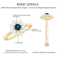 Genuine Round Cut London Blue Topaz Flower Engagement Ring with Diamonds