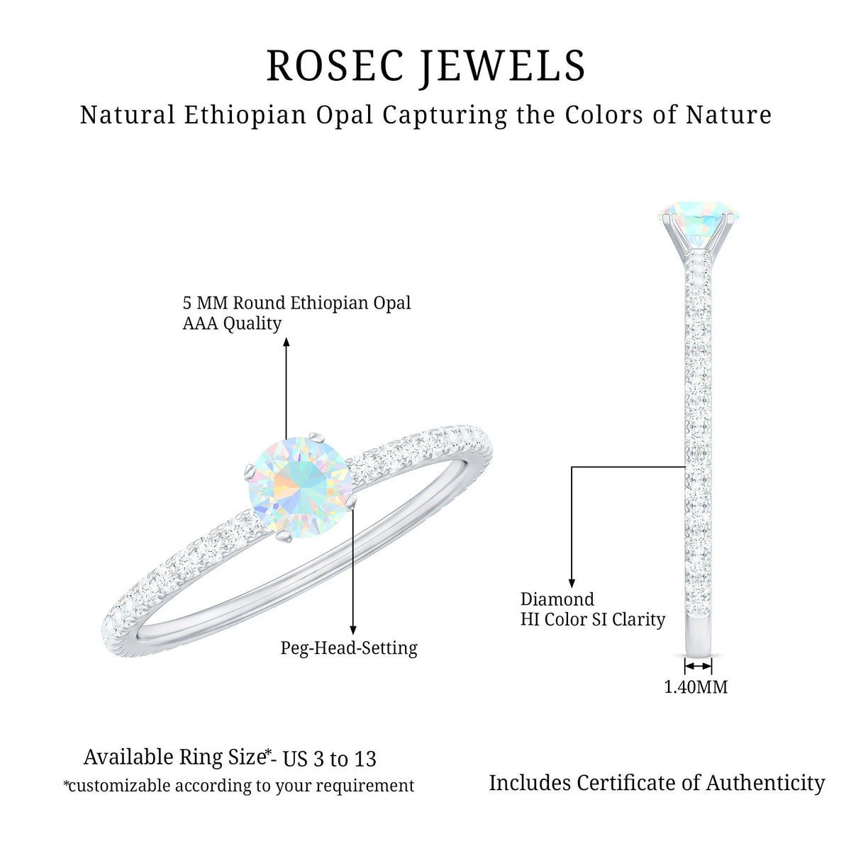 Genuine Ethiopian Opal Promise Ring with Diamond Side Stones