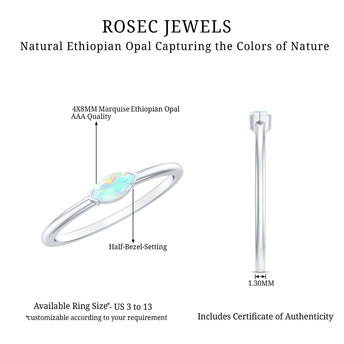 Natural Marquise Ethiopian Rainbow Opal Promise Ring in East West Style