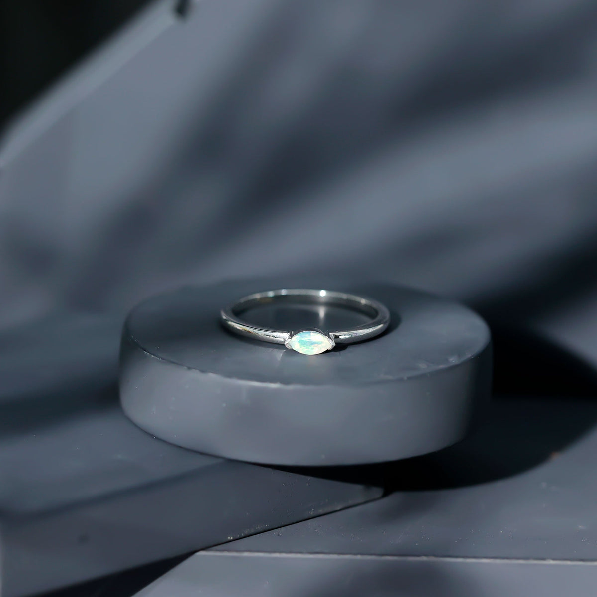 Natural Marquise Ethiopian Rainbow Opal Promise Ring in East West Style