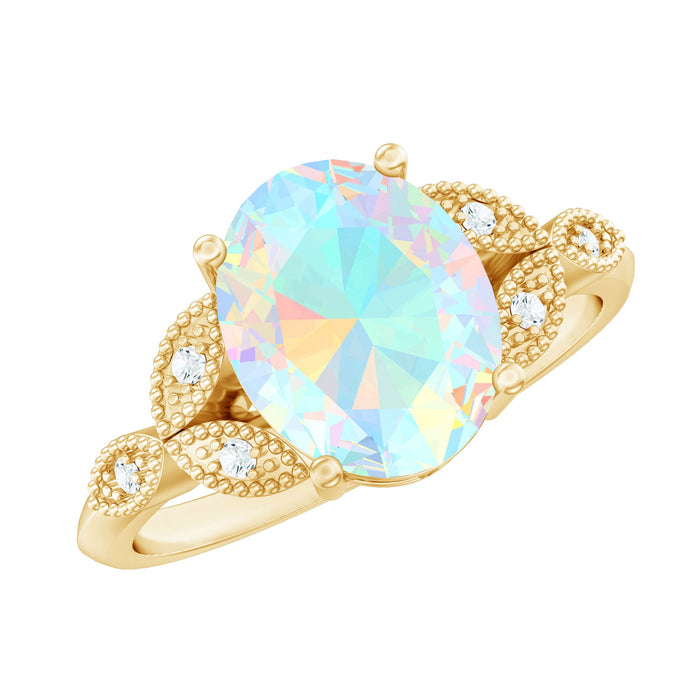Vintage 1.3 Carat Ethiopian Opal engagement ring with diamond accent, oblong shape, crafted by Rosec Jewels.