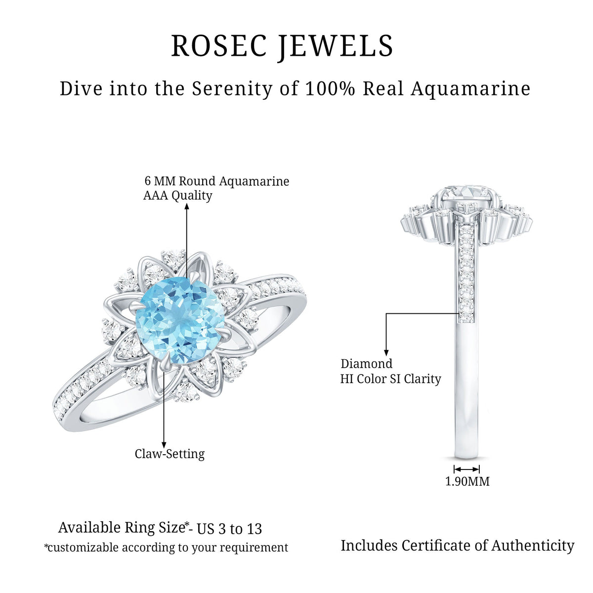 Genuine 0.8 carat aquamarine floral engagement ring with diamond side stones, set in a elegant Rosec Jewels ring design.