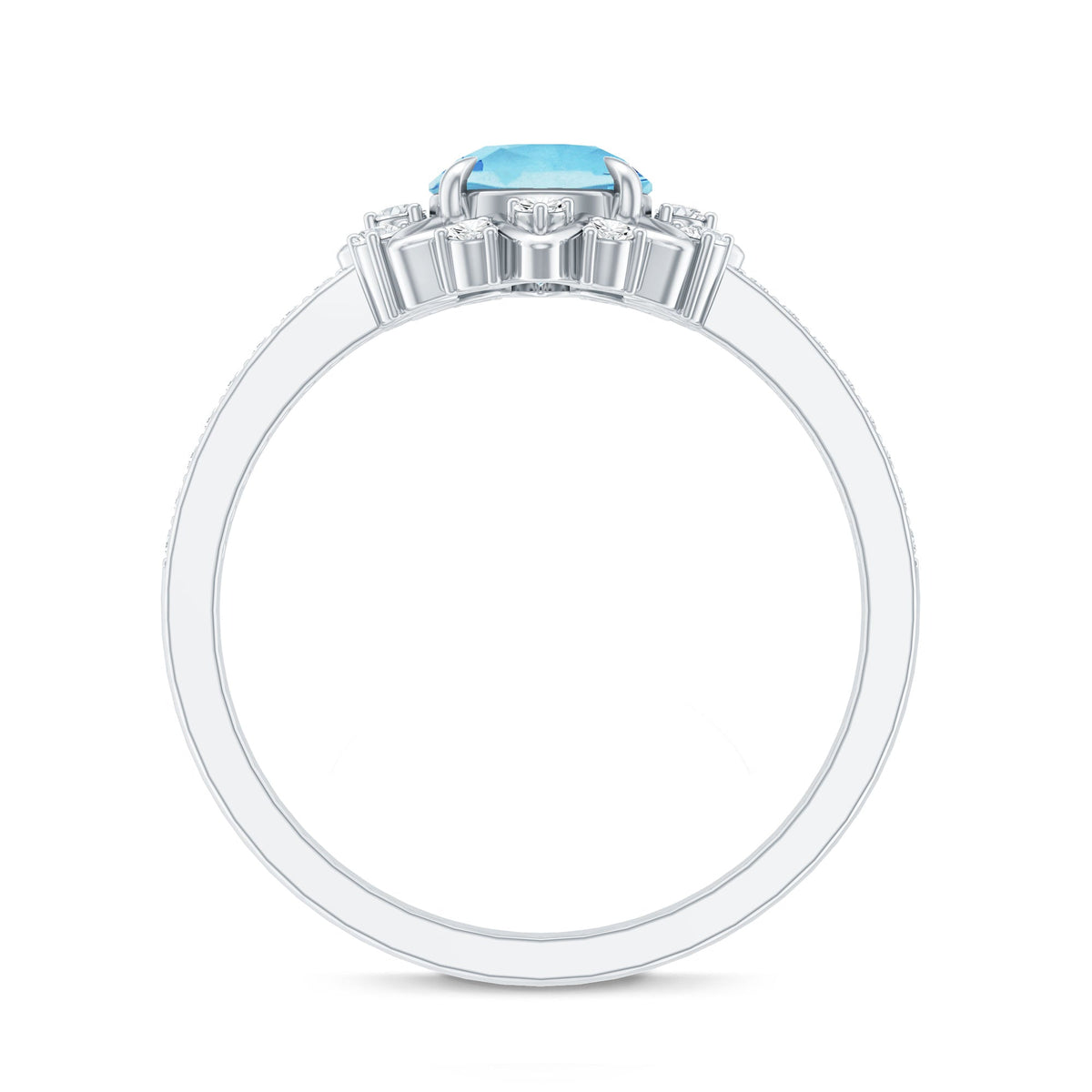 Genuine 0.8 carat aquamarine floral engagement ring with diamond side stones, featuring intricate floral design from Rosec Jewels.