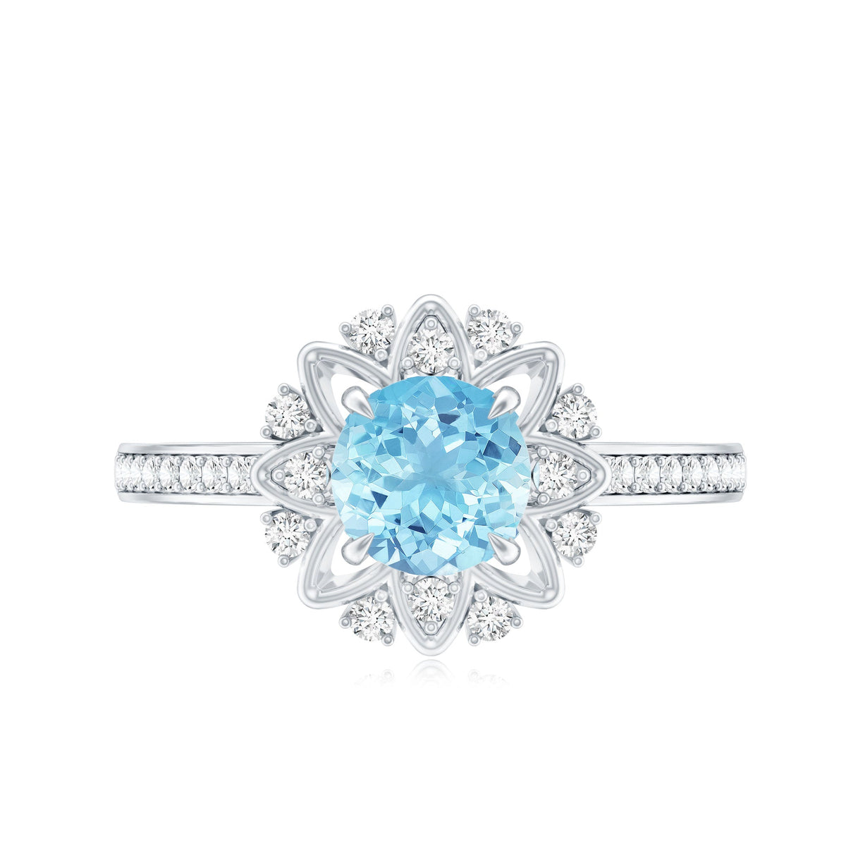 Genuine 0.8 carat aquamarine floral engagement ring with diamond side stones, featuring intricate floral design and sterling silver band.