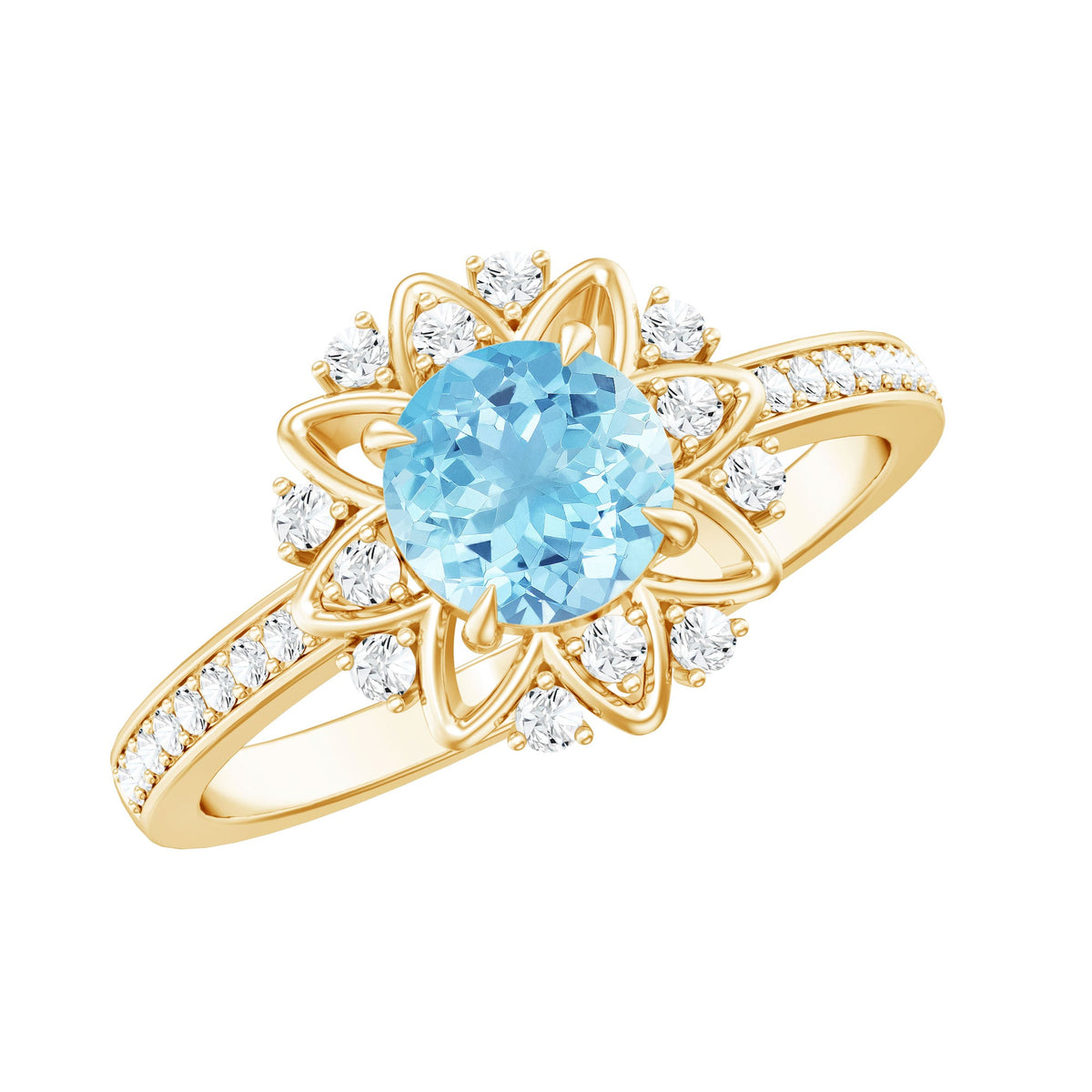 Genuine 0.8ct aquamarine floral engagement ring with diamond side stones from Rosec Jewels, featuring intricate floral design and silver band.