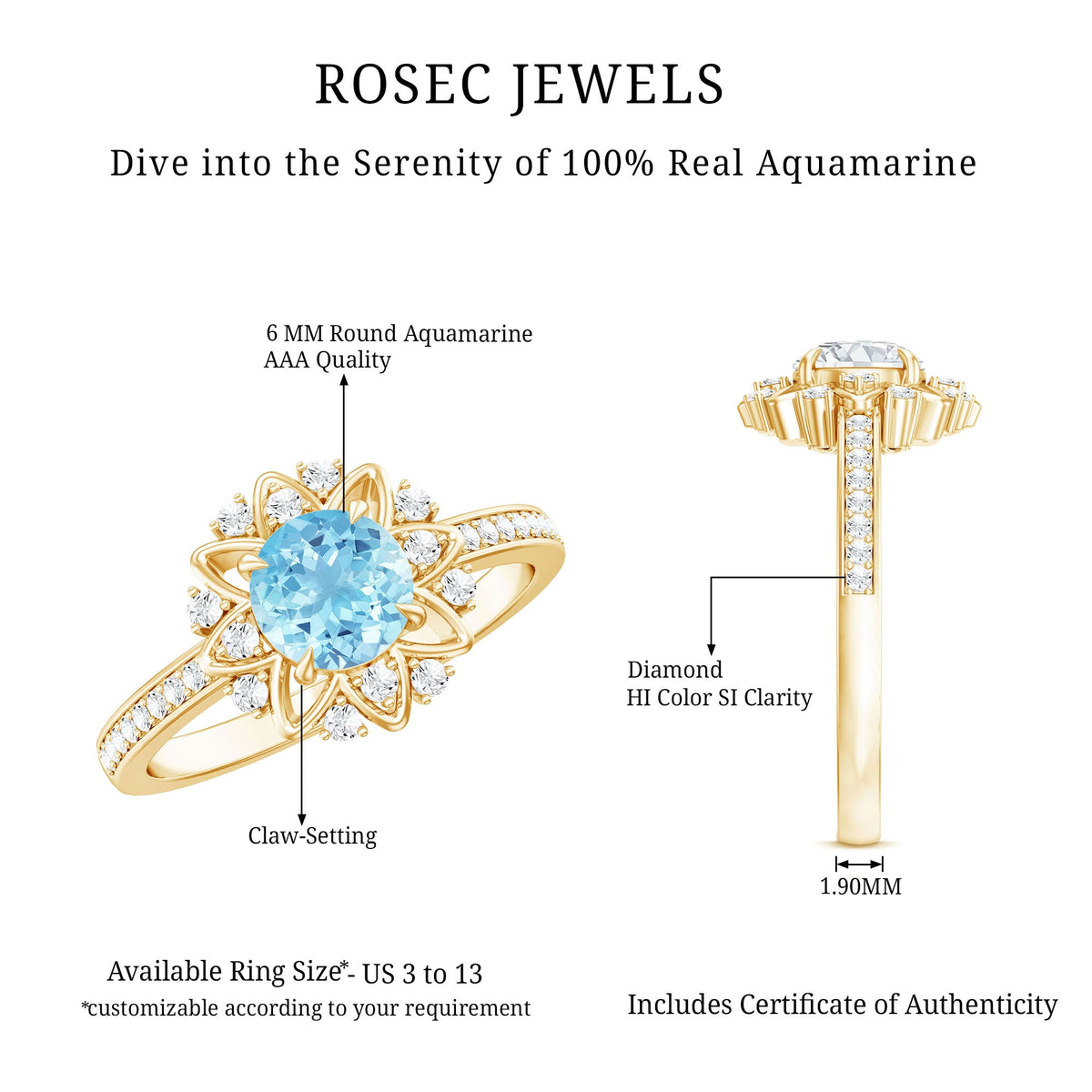Genuine aquamarine floral engagement ring with diamond side stones from Rosec Jewels, showcasing intricate floral design and sparkling accents.