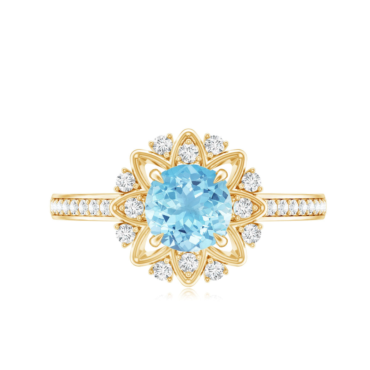 Genuine 0.8ct aquamarine floral engagement ring with diamond side stones by Rosec Jewels featuring intricate floral design.