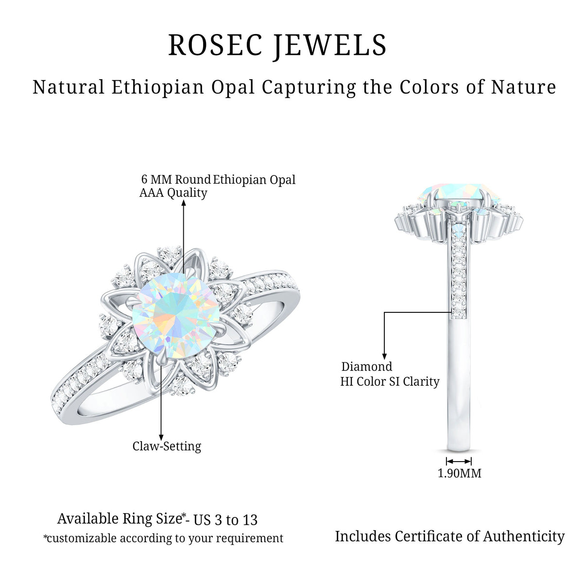 Genuine Ethiopian Opal Flower Engagement Ring with Diamond