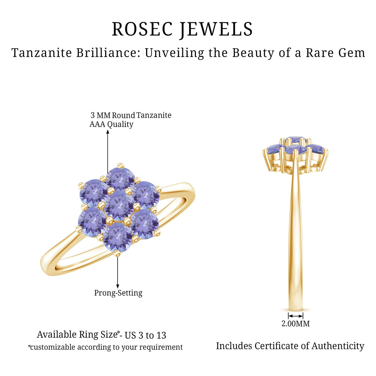 Natural Tanzanite flower cluster engagement ring by Rosec Jewels featuring a vibrant blue Tanzanite gemstone surrounded by intricate floral design.