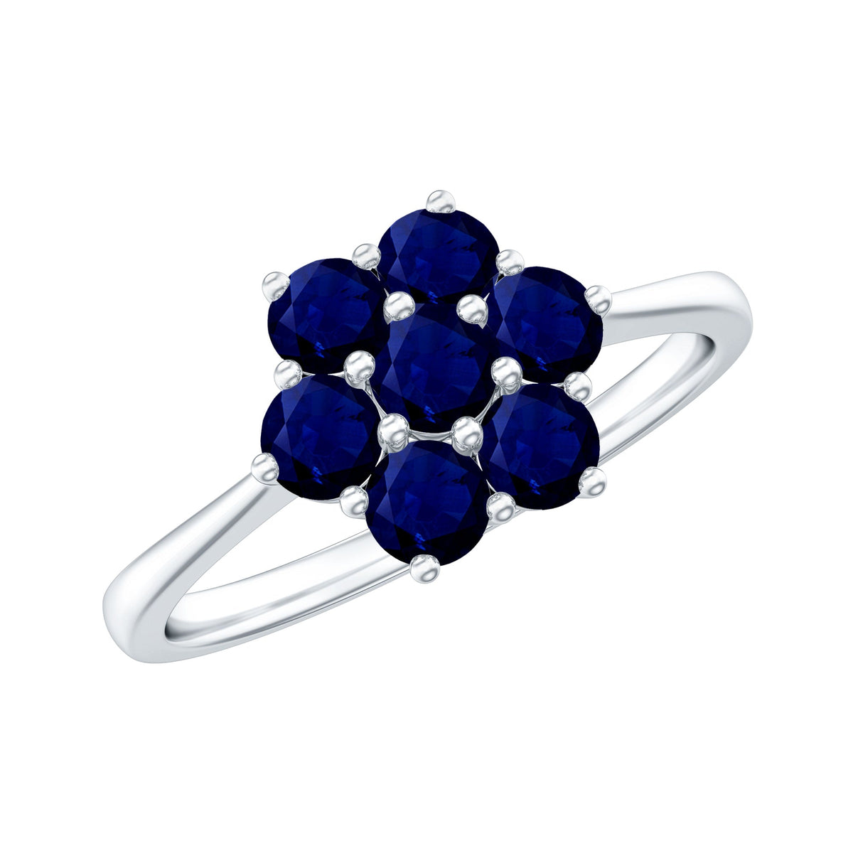 Certified round blue sapphire cluster flower ring by Rosec Jewels, featuring a floral design with vibrant blue sapphires.