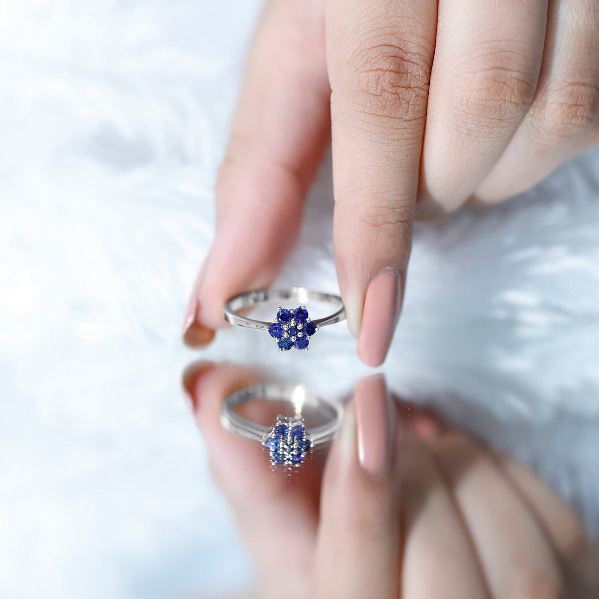Certified round shape blue sapphire cluster flower ring by Rosec Jewels with intricate floral design and sparkling blue sapphires.