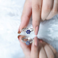 Certified round shape blue sapphire cluster flower ring by Rosec Jewels with intricate floral design and sparkling blue sapphires.
