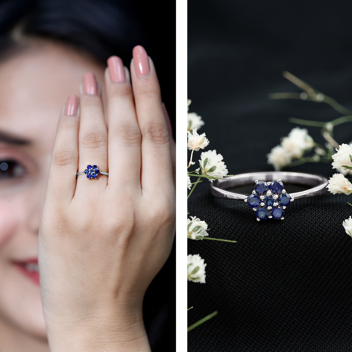 Round blue sapphire cluster flower ring by Rosec Jewels featuring a certified blue sapphire flower design in gold.