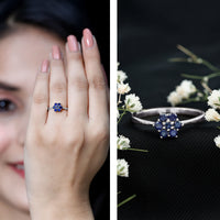 Round blue sapphire cluster flower ring by Rosec Jewels featuring a certified blue sapphire flower design in gold.