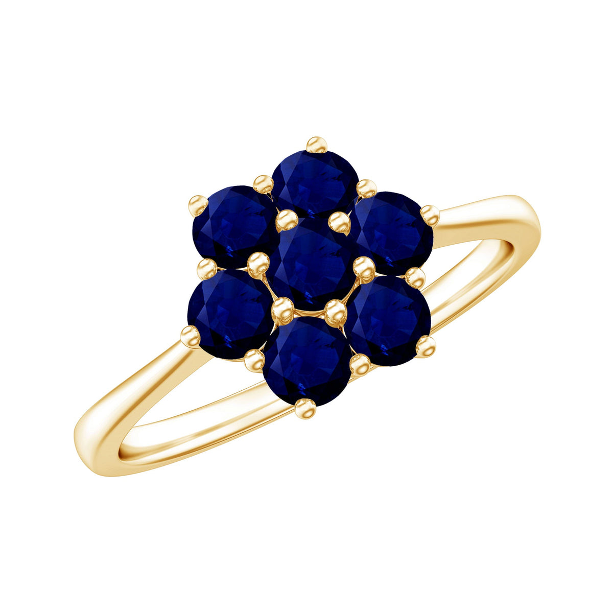 Certified round blue sapphire cluster flower ring by Rosec Jewels featuring a floral design with sparkling sapphires.