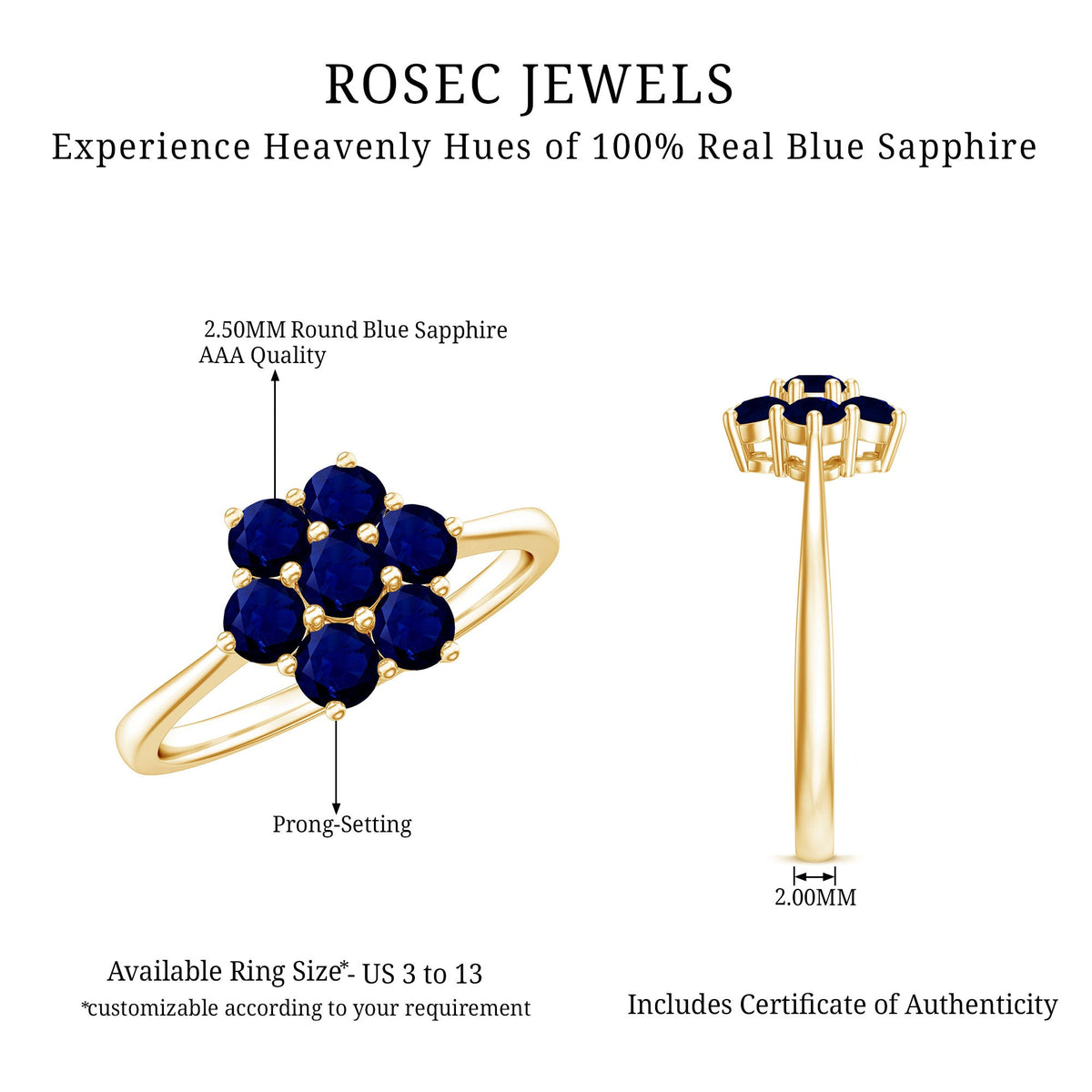 Round blue sapphire cluster flower ring by Rosec Jewels featuring a silver band and a floral design with multiple sapphires.