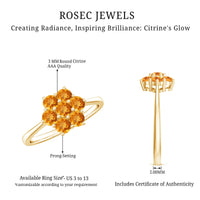 Natural citrine floral engagement ring by Rosec Jewels featuring a detailed design and certificate, set in a gold band.