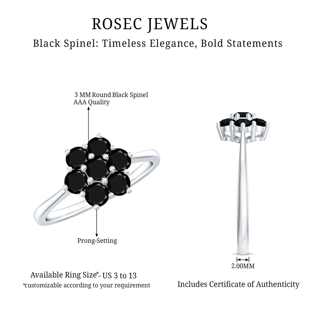 Natural black spinel flower engagement ring by Rosec Jewels featuring a detailed design and certificate of authenticity.