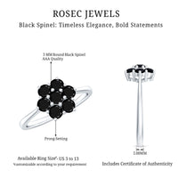 Natural black spinel flower engagement ring by Rosec Jewels featuring a detailed design and certificate of authenticity.