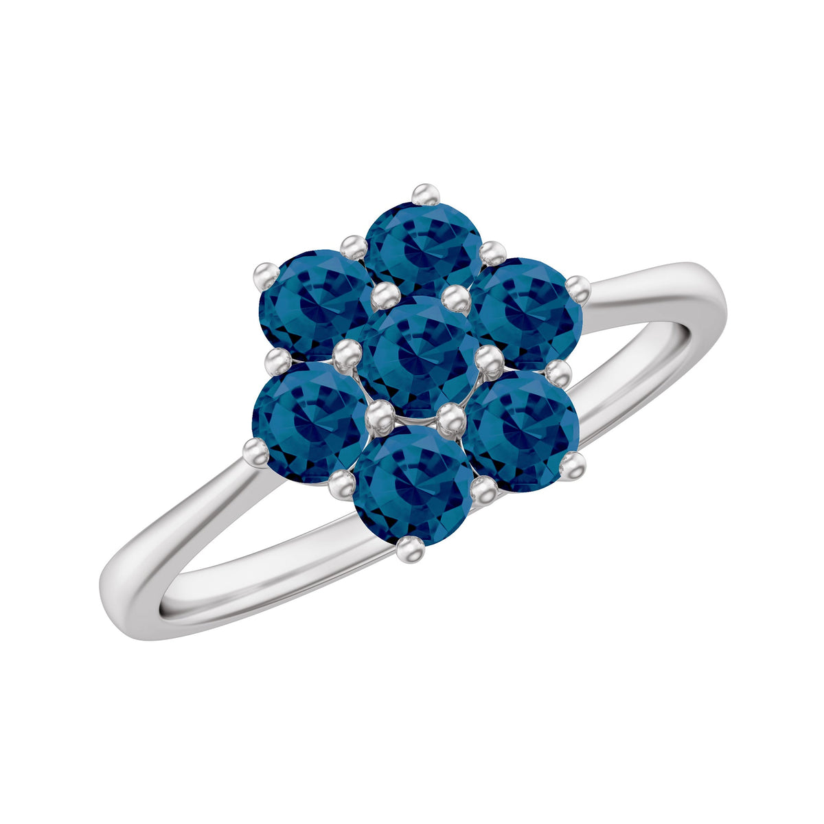 Rosec Jewels London Blue Topaz flower engagement ring with certificate, featuring a vibrant blue topaz gemstone and intricate floral design.