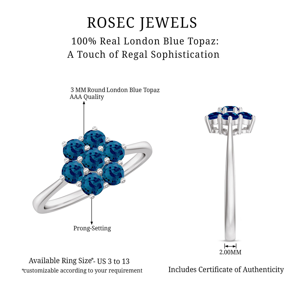 Rosec Jewels London Blue Topaz flower engagement ring with certificate, featuring a detailed blue topaz flower design on a silver band.