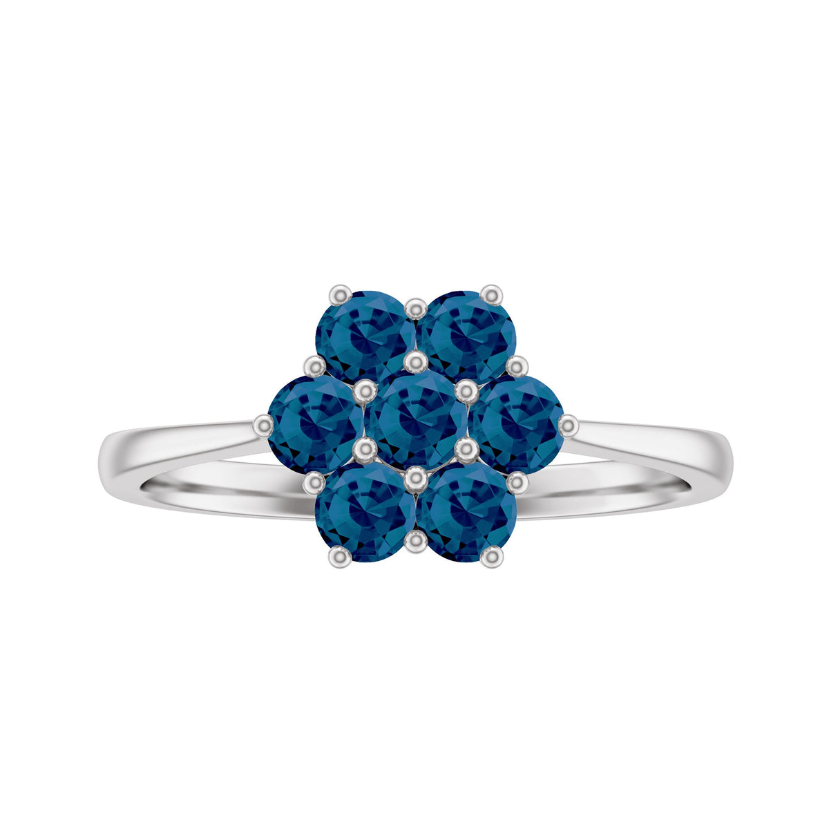 Rosec Jewels London Blue Topaz flower engagement ring with certificate, showcasing a detailed gemstone and elegant silver band.