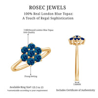 Rosec Jewels London Blue Topaz flower engagement ring with certificate, featuring a detailed design and vibrant blue gemstone.