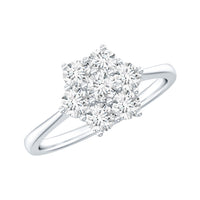 Round shape moissanite cluster flower engagement ring by Rosec Jewels featuring a floral design with sparkling moissanite stones.