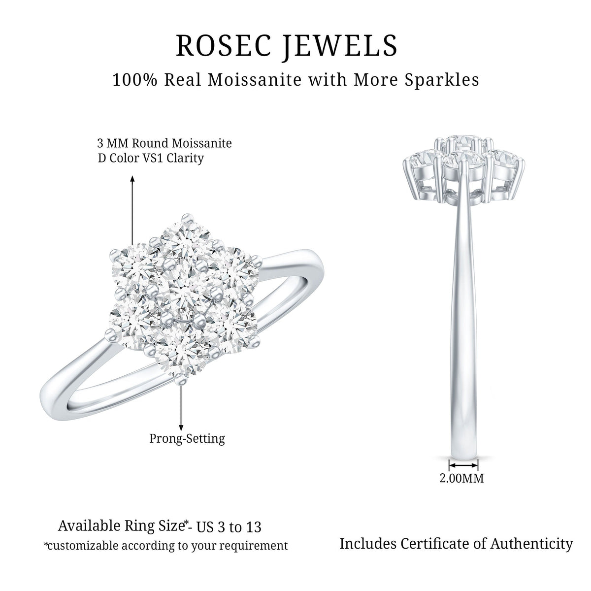 Round shape moissanite cluster flower engagement ring by Rosec Jewels with intricate floral design and sparkling gemstone accents.
