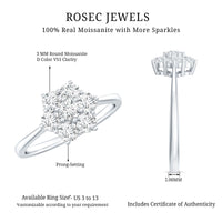 Round shape moissanite cluster flower engagement ring by Rosec Jewels with intricate floral design and sparkling gemstone accents.