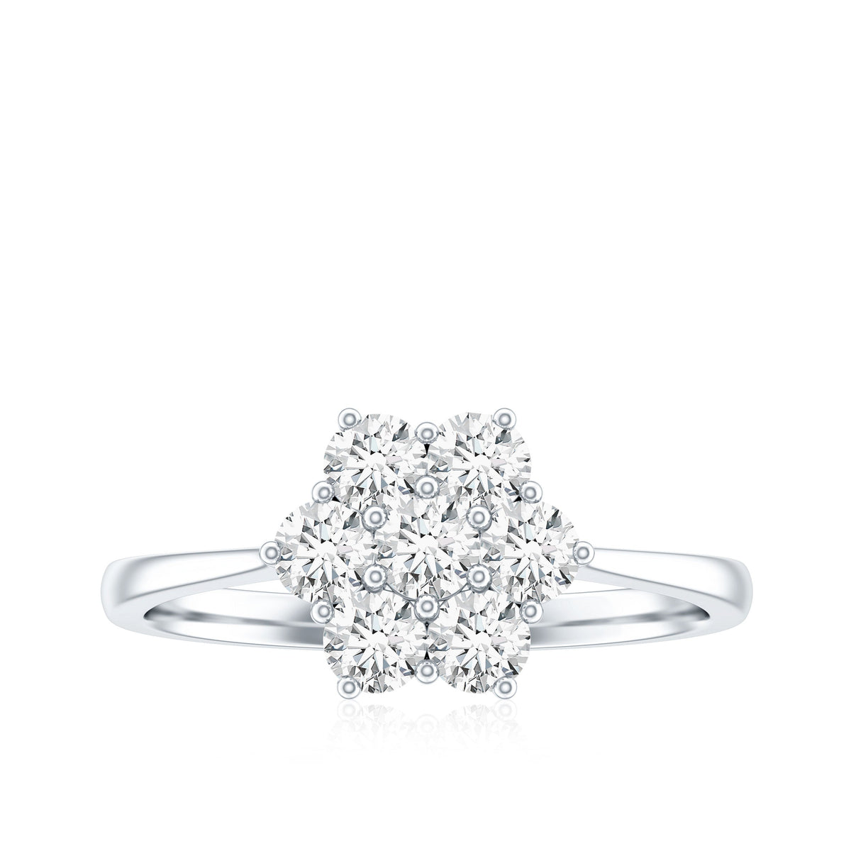 Round shape moissanite cluster flower engagement ring featuring a floral design with sparkling stones from Rosec Jewels.