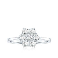 Round shape moissanite cluster flower engagement ring featuring a floral design with sparkling stones from Rosec Jewels.