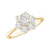 Round shape moissanite cluster flower engagement ring with intricate band design, set in sterling silver.