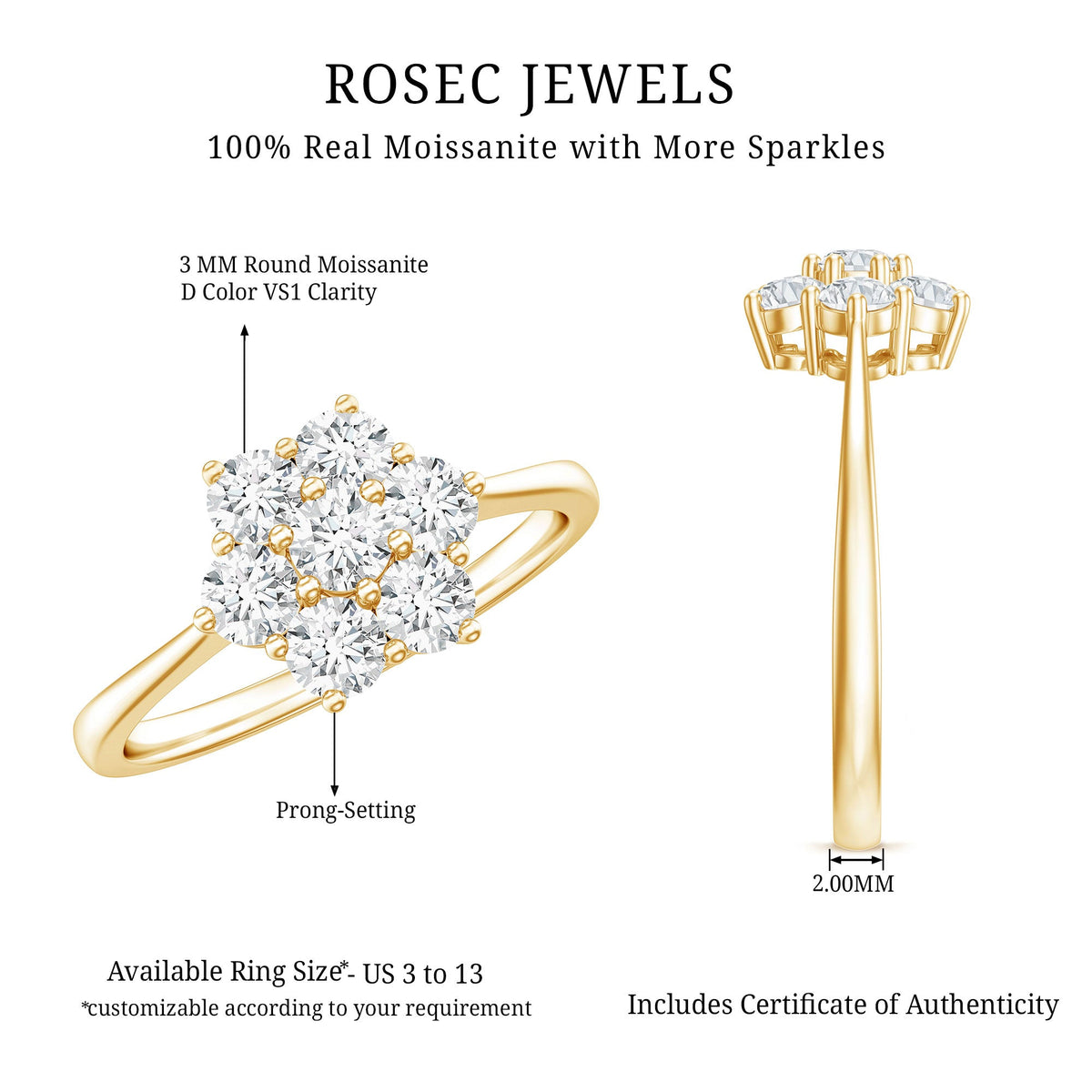 Round shape moissanite cluster flower engagement ring featuring a silver band with sparkling flower design.