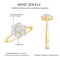Round shape moissanite cluster flower engagement ring featuring a silver band with sparkling flower design.