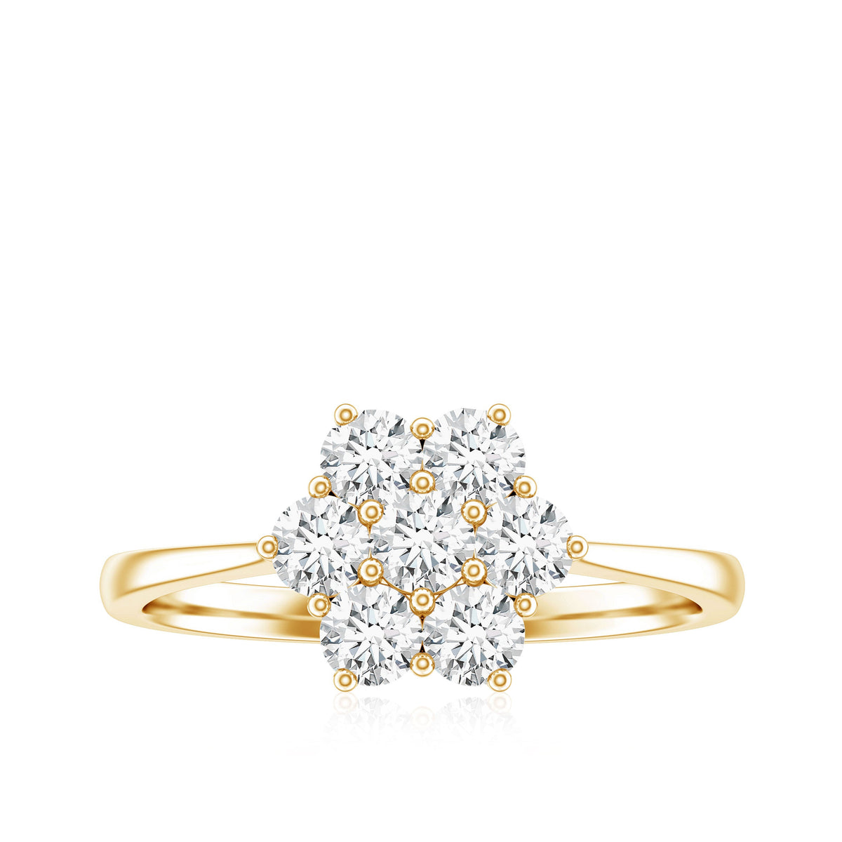 Round shape moissanite cluster flower engagement ring by Rosec Jewels, featuring a floral design with sparkling stones.