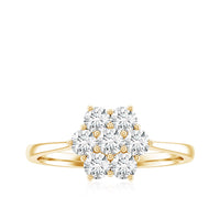 Round shape moissanite cluster flower engagement ring by Rosec Jewels, featuring a floral design with sparkling stones.